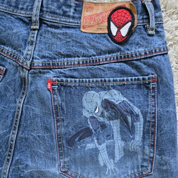 Vtg Rare 1972 Ecko Unltd Spiderman Jeans Marvel Comics Denim Baggy Jeans Size 32 - Picture 1 of 13